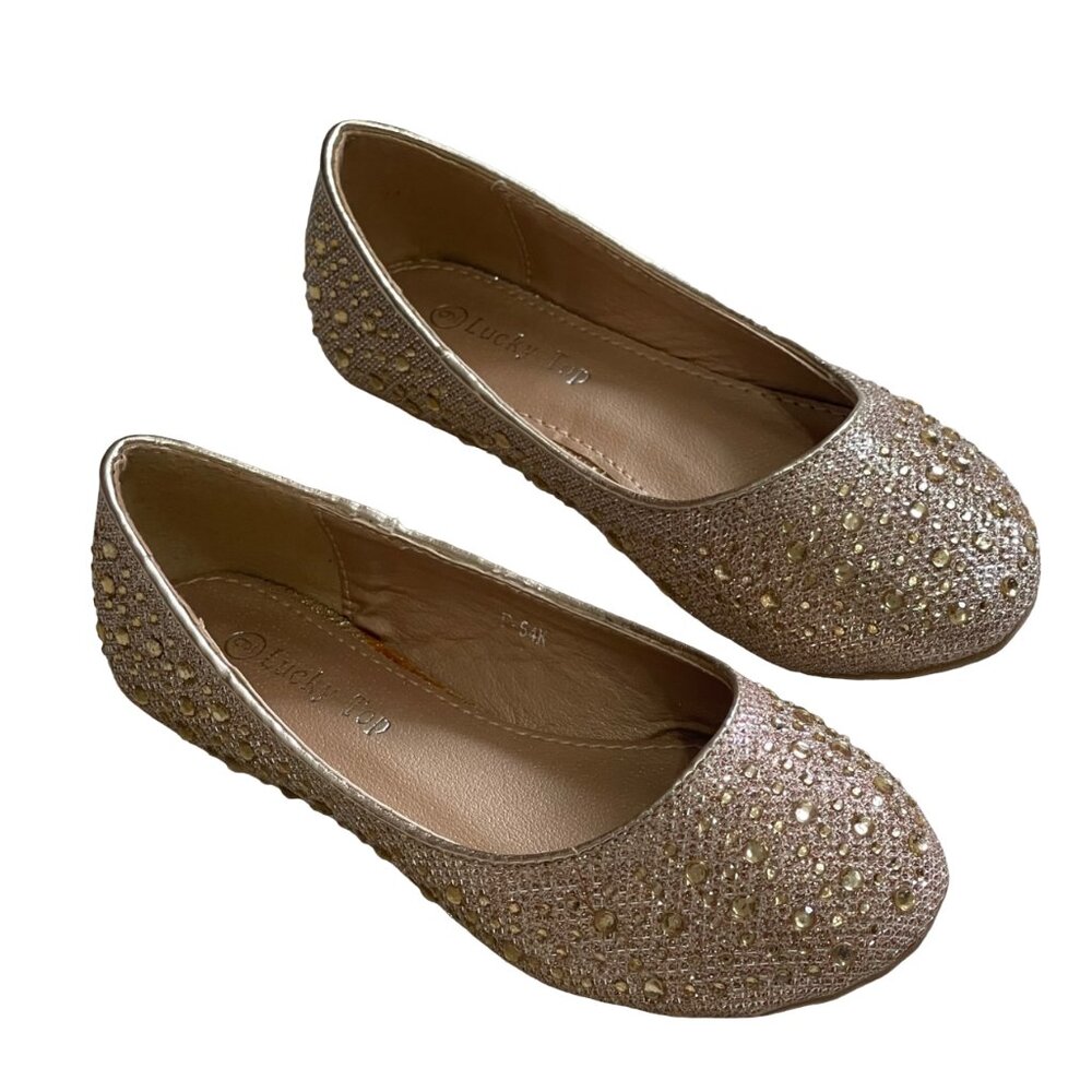 Lucky Top Toddler Girl Gold Sparkle Rhinestone Glitter Ballet Flat Dress Shoe 9 - Picture 2 of 6